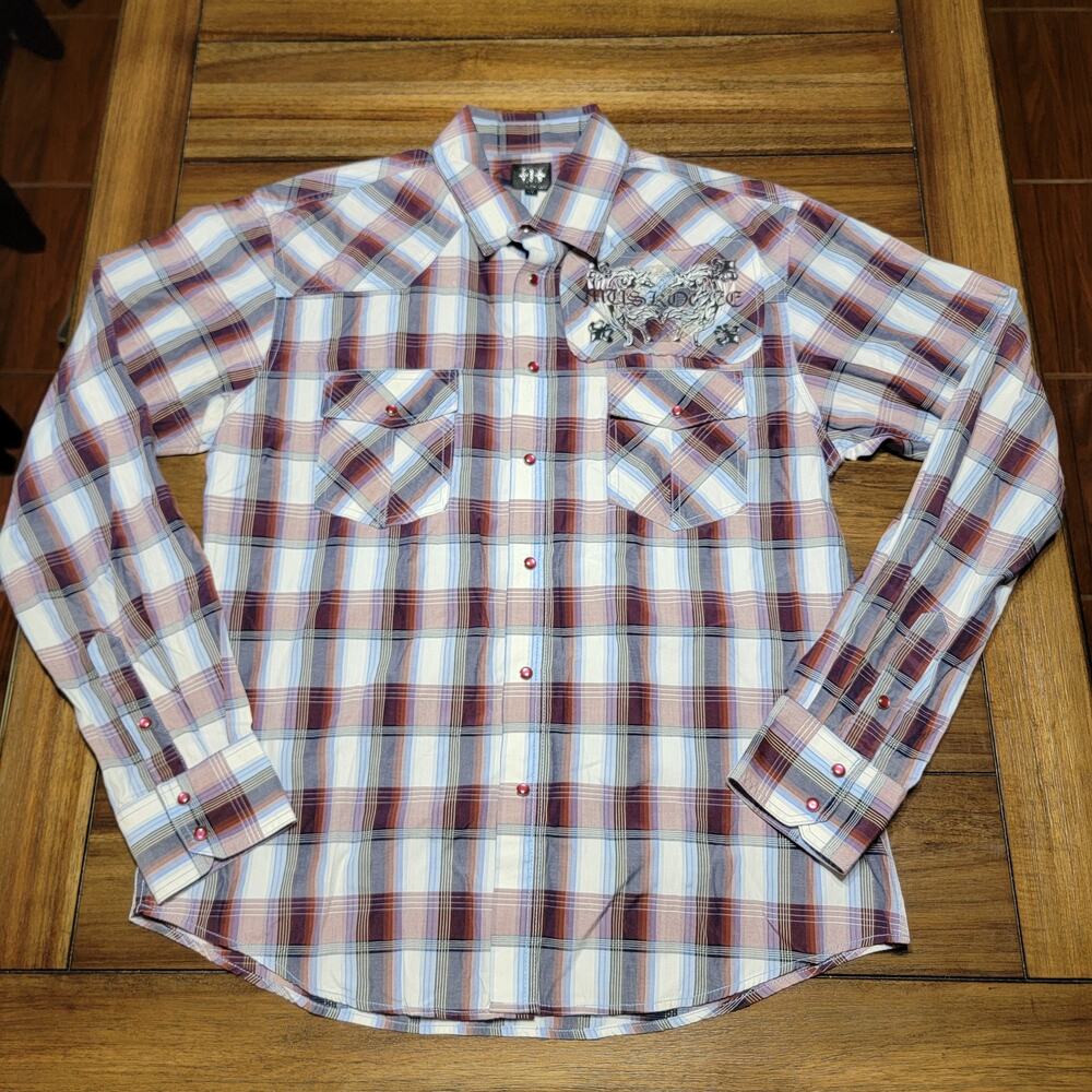 Muskogee LS Maroon Plaid Pearl Snap Western Shirt - Size XL